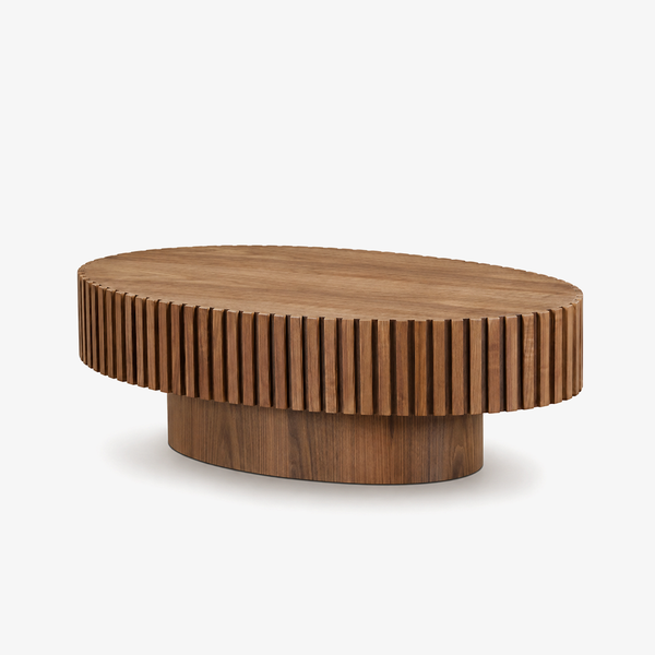 Modern Handcraft Drum Coffee Table Length 43.7 inch Ellipse Coffee Table for Living Room,Oval Small Coffee Table with Sturdy Pedestal,Walnut MDF,W2582P251185