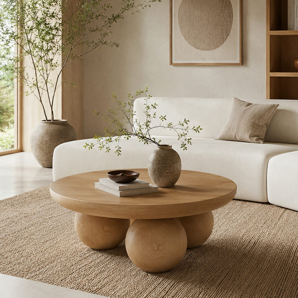 Modern Round Wood Coffee Table with Three Sphere Base – Sculptural Center Table