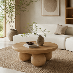 Modern Round Wood Coffee Table with Three Sphere Base – Sculptural Center Table