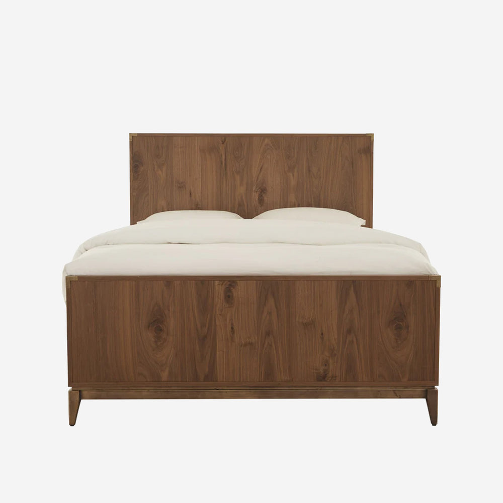 Mid-Century Modern Walnut Platform Bed with Metal Accents – Solid Wood Headboard