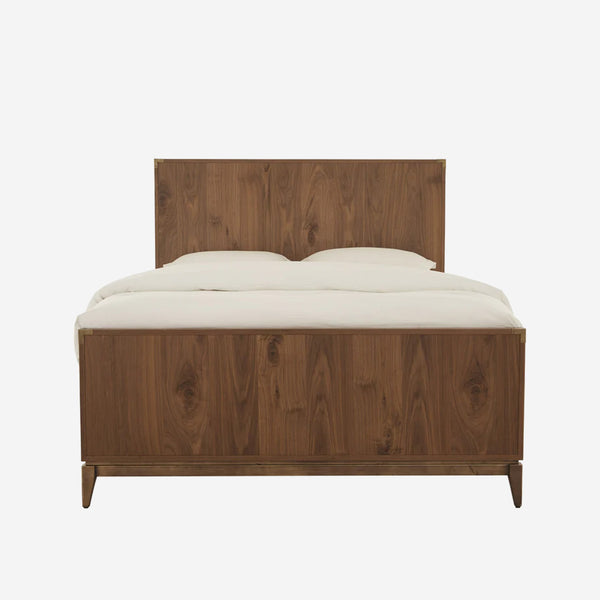 Mid-Century Modern Walnut Platform Bed with Metal Accents – Solid Wood Headboard