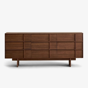 Mid-Century Modern Walnut Wide Dresser with Geometric Drawer Fronts