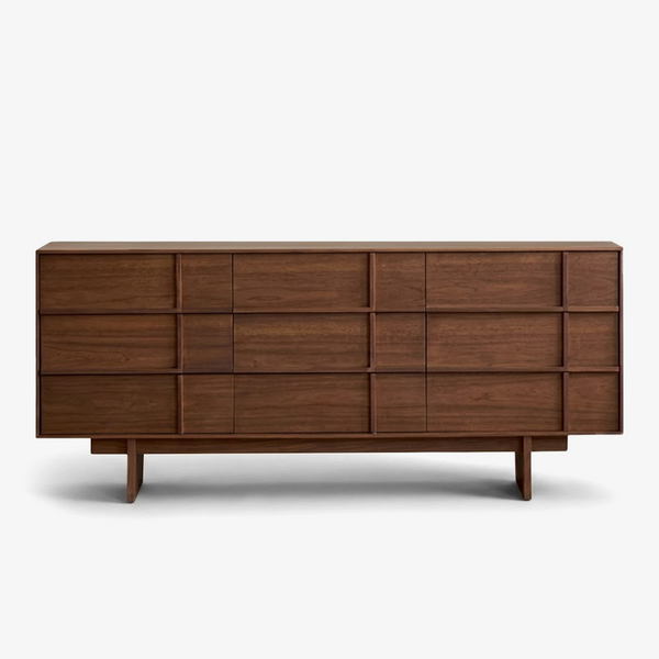 Mid-Century Modern Walnut Wide Dresser with Geometric Drawer Fronts