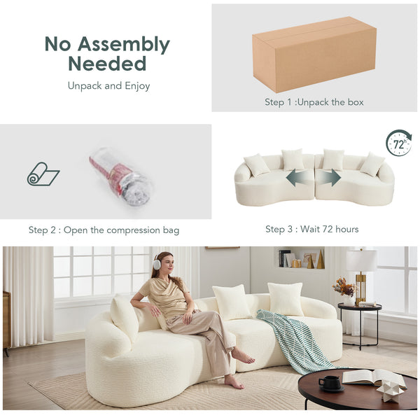 Curved Boneless Sofa,Compression Modular 110'' Sectional,White High-Density,Couches Sleeper for Living Room Bedroom Apartment Lounge,Chenille