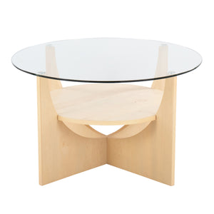 U-Shaped Contemporary Coffee Table in Natural Wood and Clear Glass