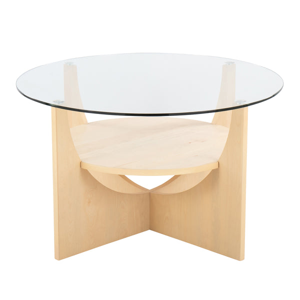 U-Shaped Contemporary Coffee Table in Natural Wood and Clear Glass