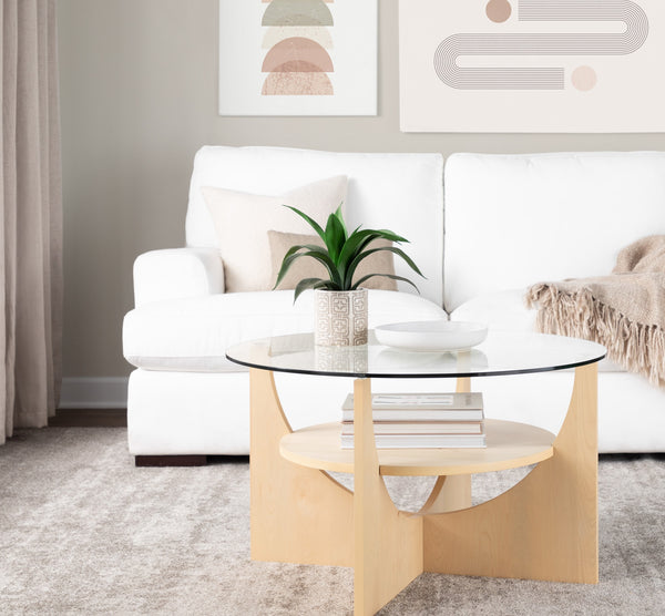 U-Shaped Contemporary Coffee Table in Natural Wood and Clear Glass