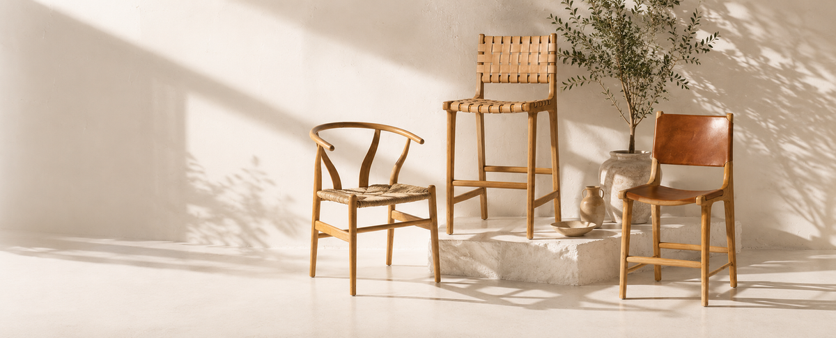 Natural wood chairs and warm, sunlit textures from Pacific Nook