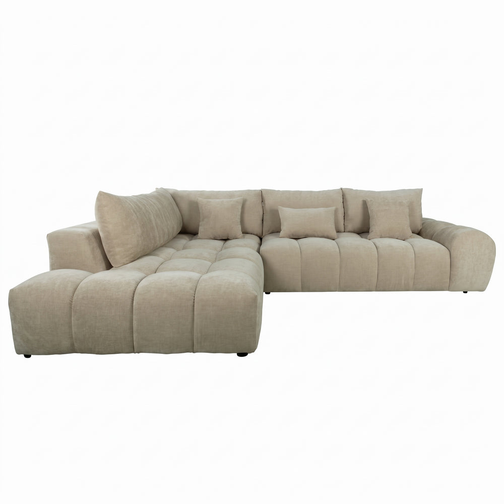 Modern Beige Tufted L-Shaped Sectional Sofa with Deep Chaise Lounge