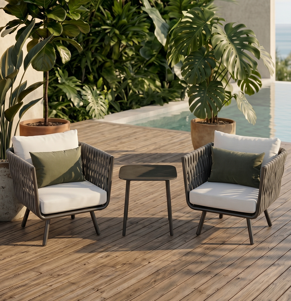 Contemporary Outdoor Balcony Bistro Set - 2 Woven Rope Club Chairs & Coffee Table
