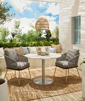 Modern 3-Piece Woven Patio Bistro Set - Luxury Marble Top Table & Ergonomic Grey Rope Chairs with Cushions