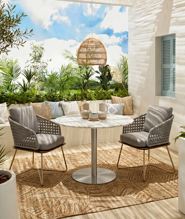 Modern 3-Piece Woven Patio Bistro Set - Luxury Marble Top Table & Ergonomic Grey Rope Chairs with Cushions