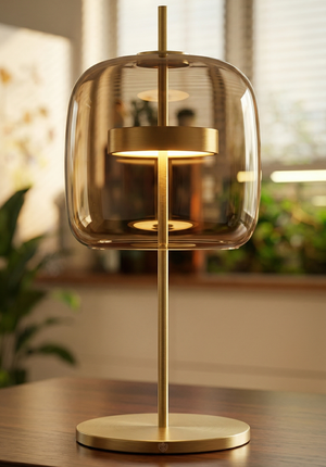 Modern Amber Glass Table Lamp with Gold Metal Base | Minimalist Smoky Tinted Bedside Light for Living Room