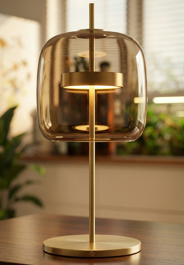 Modern Amber Glass Table Lamp with Gold Metal Base | Minimalist Smoky Tinted Bedside Light for Living Room