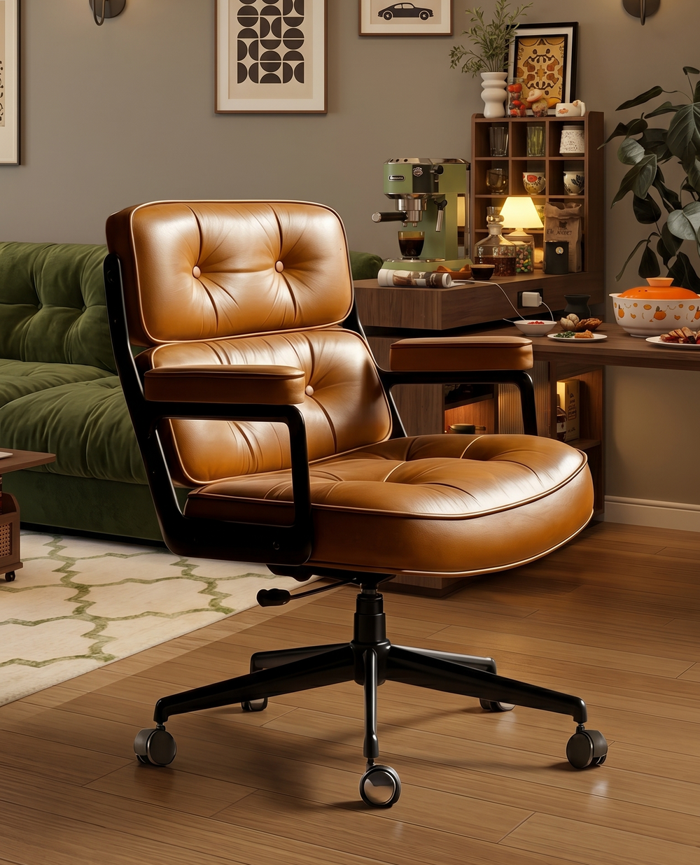 Mid-Century Modern Executive Leather Office Chair - Luxury Tufted Swivel Desk Chair with Ergonomic Support