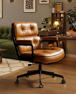 Mid-Century Modern Executive Leather Office Chair - Luxury Tufted Swivel Desk Chair with Ergonomic Support