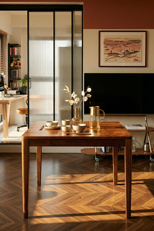 Square Solid Wood Dining Table - Minimalist Walnut Finish Kitchen Table for Small Spaces