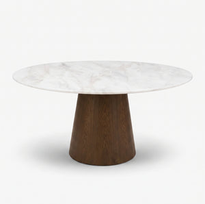 Modern Luxury Round White Marble Dining Table with Solid Wood Pedestal Base
