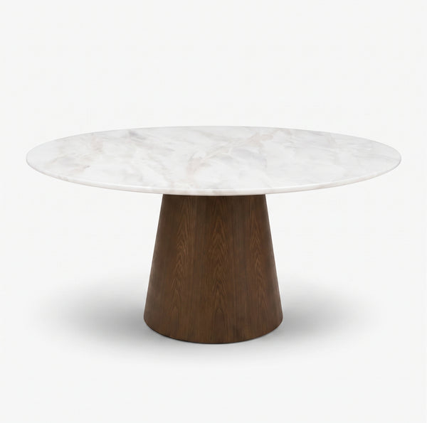 Modern Luxury Round White Marble Dining Table with Solid Wood Pedestal Base