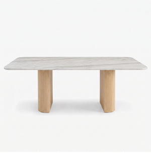 Modern Marble Dining Table with Fluted Oak Pedestal Base – Contemporary Rectangular Dining Table
