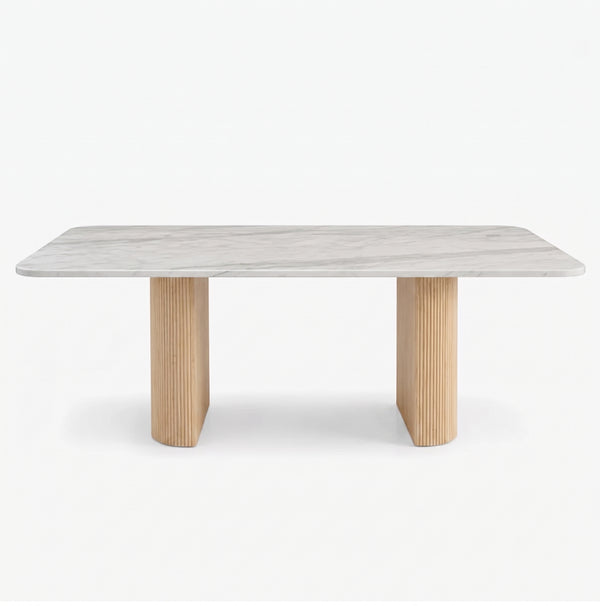 Modern Marble Dining Table with Fluted Oak Pedestal Base – Contemporary Rectangular Dining Table