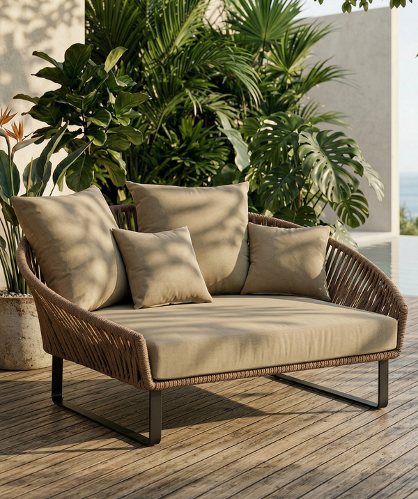 Modern Luxury Outdoor Rope Daybed | Oversized Woven Lounge Chair with Deep Cushions - All-Weather Seating