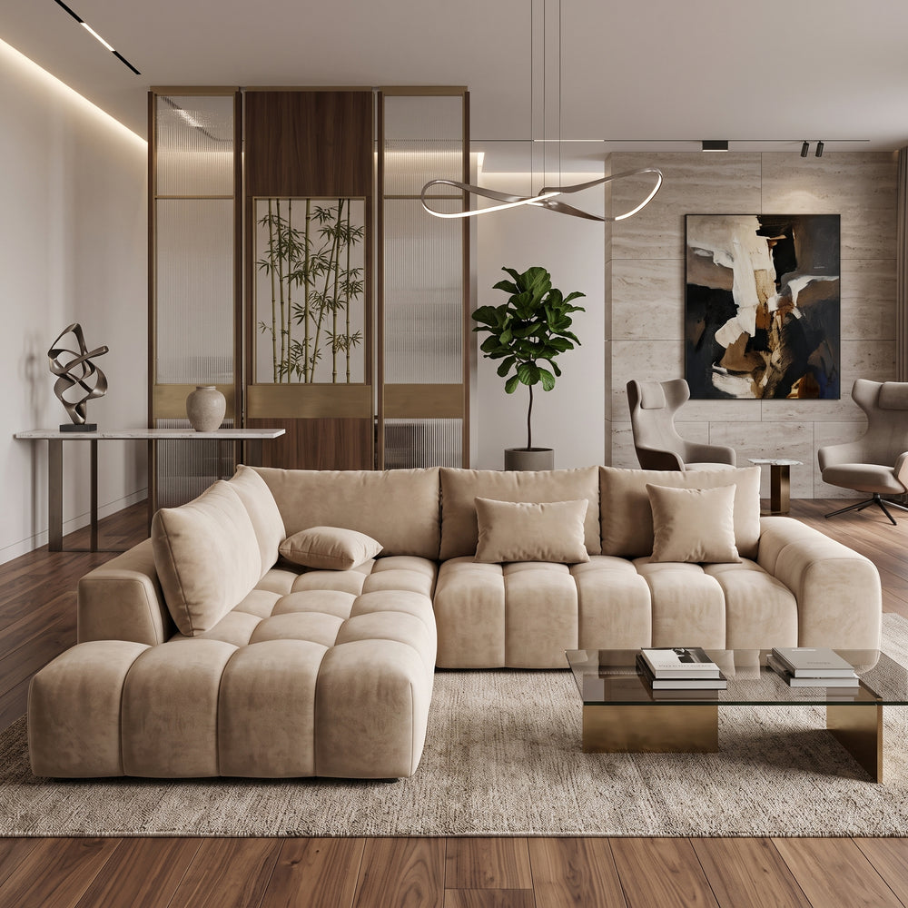 Modern Beige Tufted L-Shaped Sectional Sofa with Deep Chaise Lounge