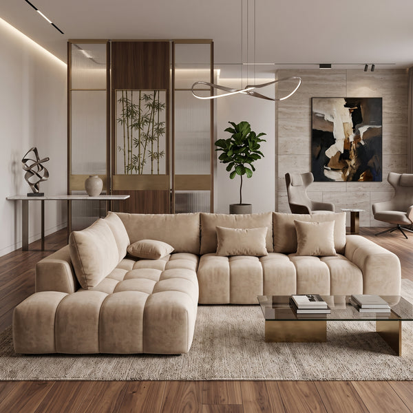 Modern Beige Tufted L-Shaped Sectional Sofa with Deep Chaise Lounge