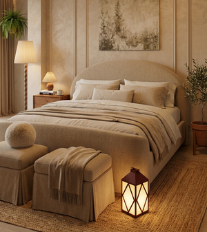 Minimalist Sand-Toned Fabric Bed with Arched Headboard - Contemporary Luxury Bedroom Furniture