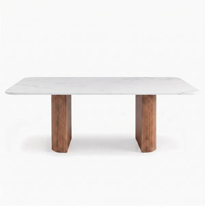 Modern Marble Dining Table with Fluted Oak Pedestal Base – Contemporary Rectangular Dining Table