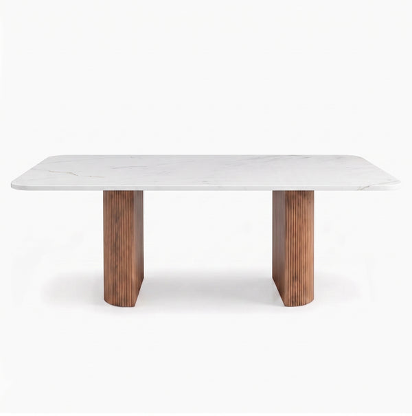 Modern Marble Dining Table with Fluted Oak Pedestal Base – Contemporary Rectangular Dining Table