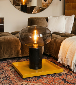 Glass Mushroom Table Lamp - Mid-Century Modern Bedside Light with Matte Black Base - Vintage Ambient Desktop Lighting for Bedroom, Living Room & Home Office