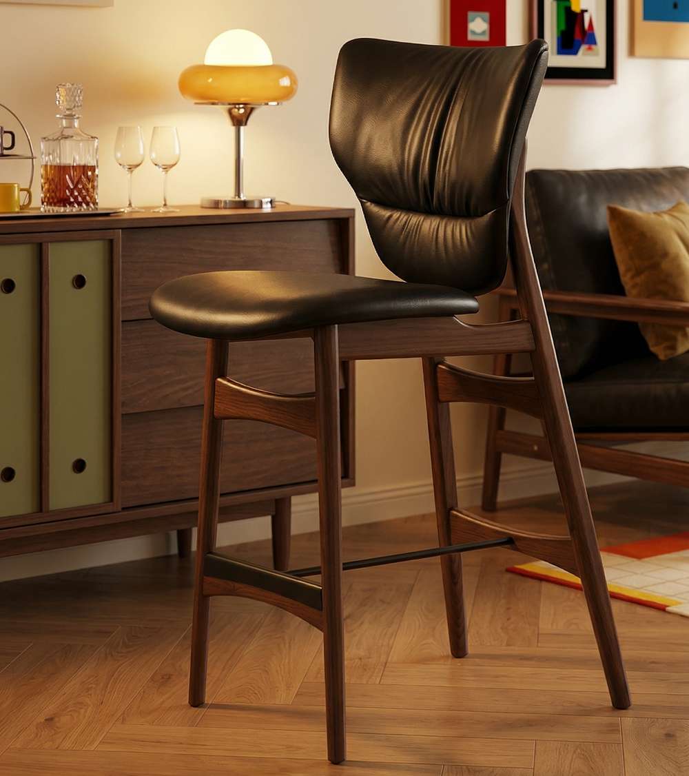 Mid-Century Modern Bar Stool with Curved Black Upholstered Backrest