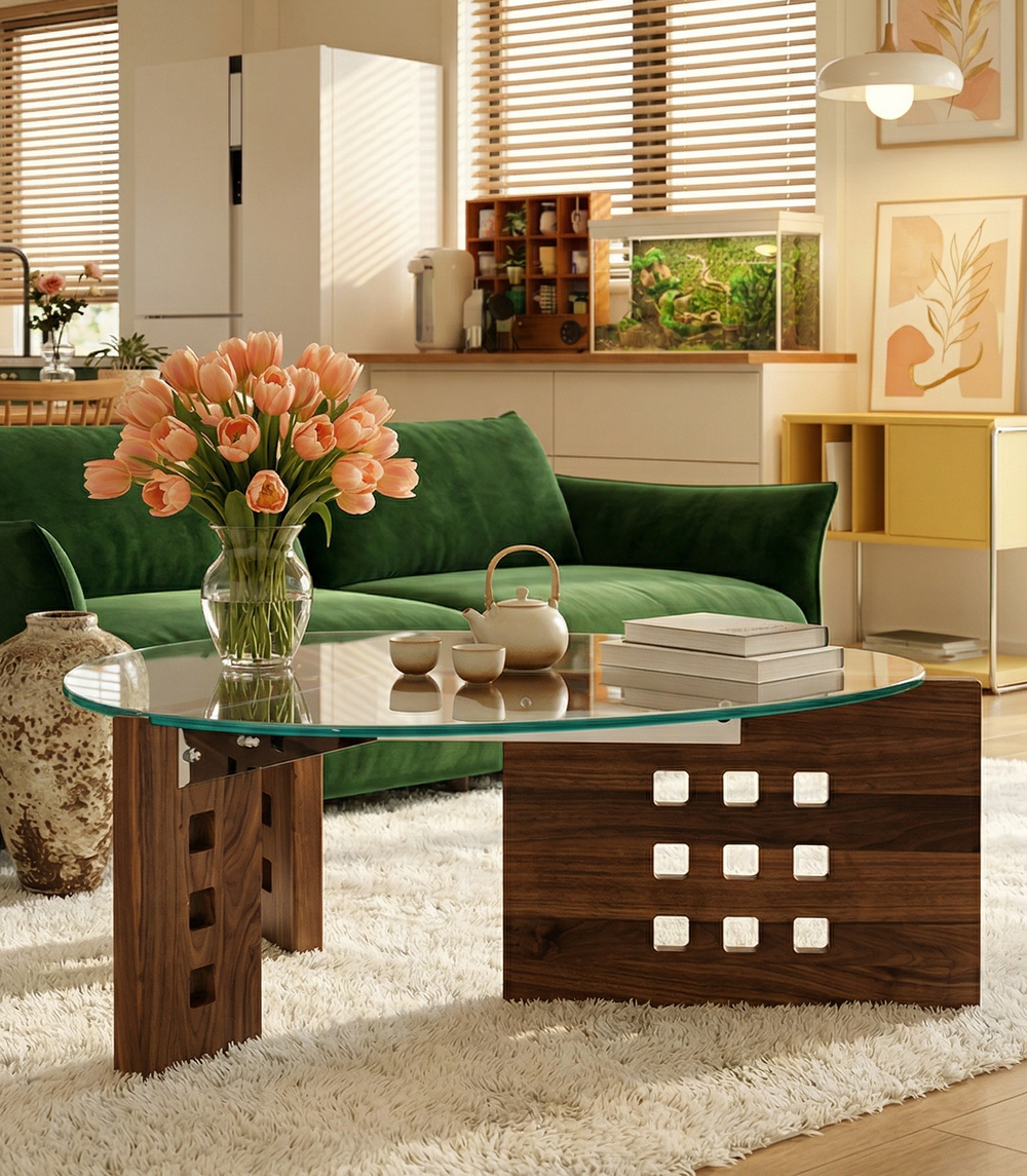 Modern Architectural Walnut Coffee Table with Triangle Tempered Glass Top & Geometric Cutout Base