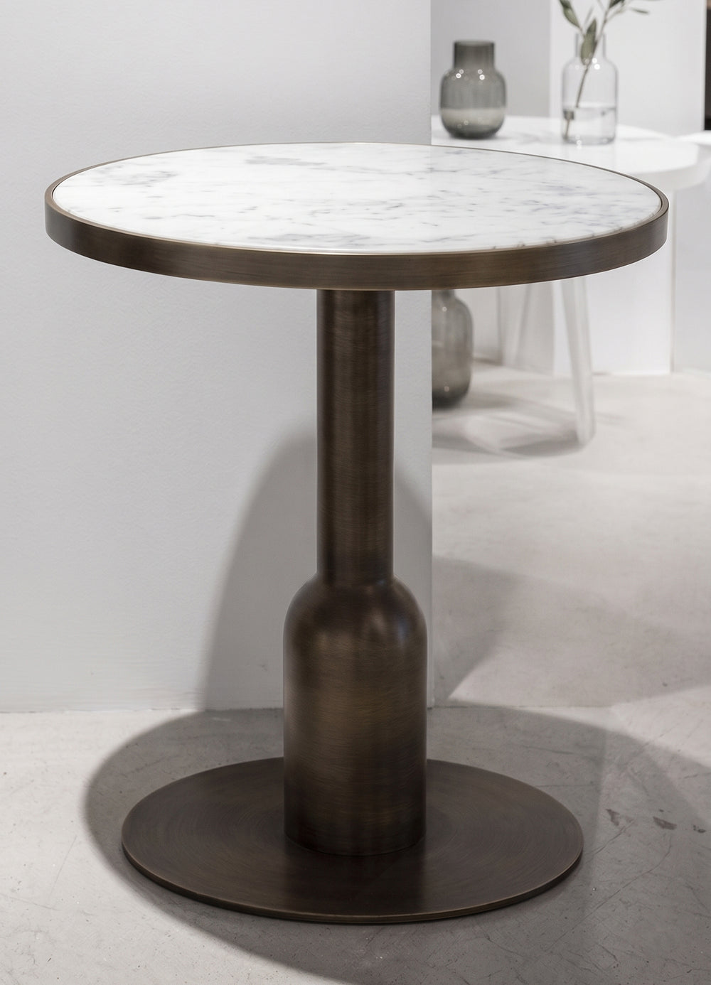 Modern Round Marble Side Table with Brushed Bronze Pedestal Base - Sculptural Minimalist End Table - Luxury Circular Accent Table for Living Room & Bedroom