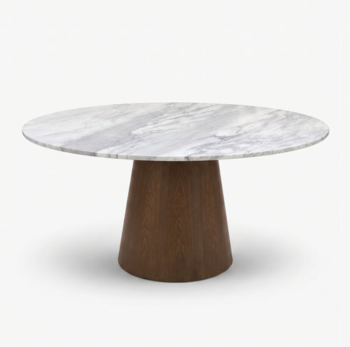 Modern Luxury Round White Marble Dining Table with Solid Wood Pedestal Base