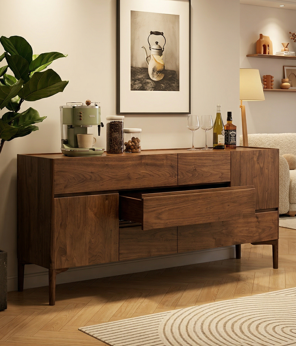 Mid-Century Modern Walnut Multi-Drawer Dresser with Cabinets for Dining or Living Room