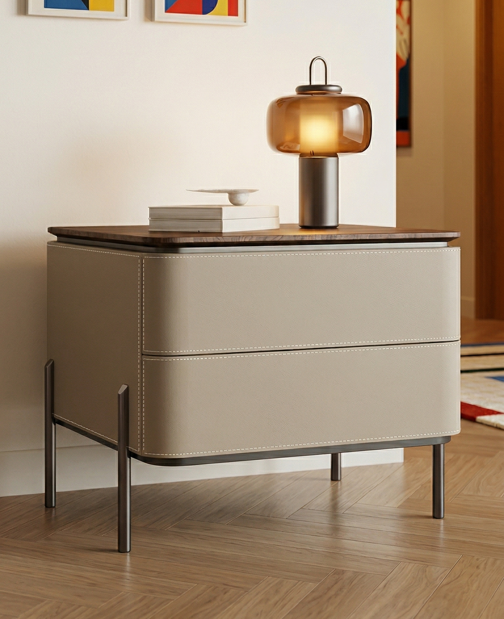 Modern Luxury Leather-Wrapped Nightstand  – 2-Drawer Contemporary Bedside Table