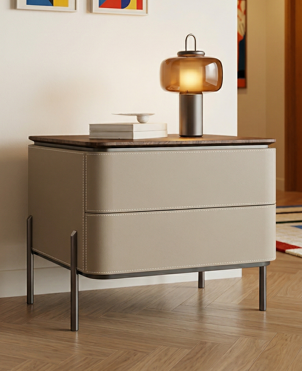 Modern Luxury Leather-Wrapped Nightstand  – 2-Drawer Contemporary Bedside Table