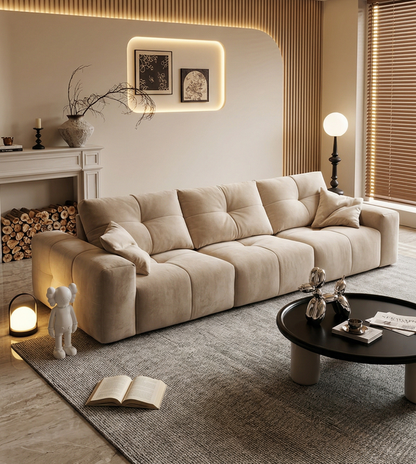 Modern Beige Tufted Upholstered Sofa - Low Profile Contemporary Couch