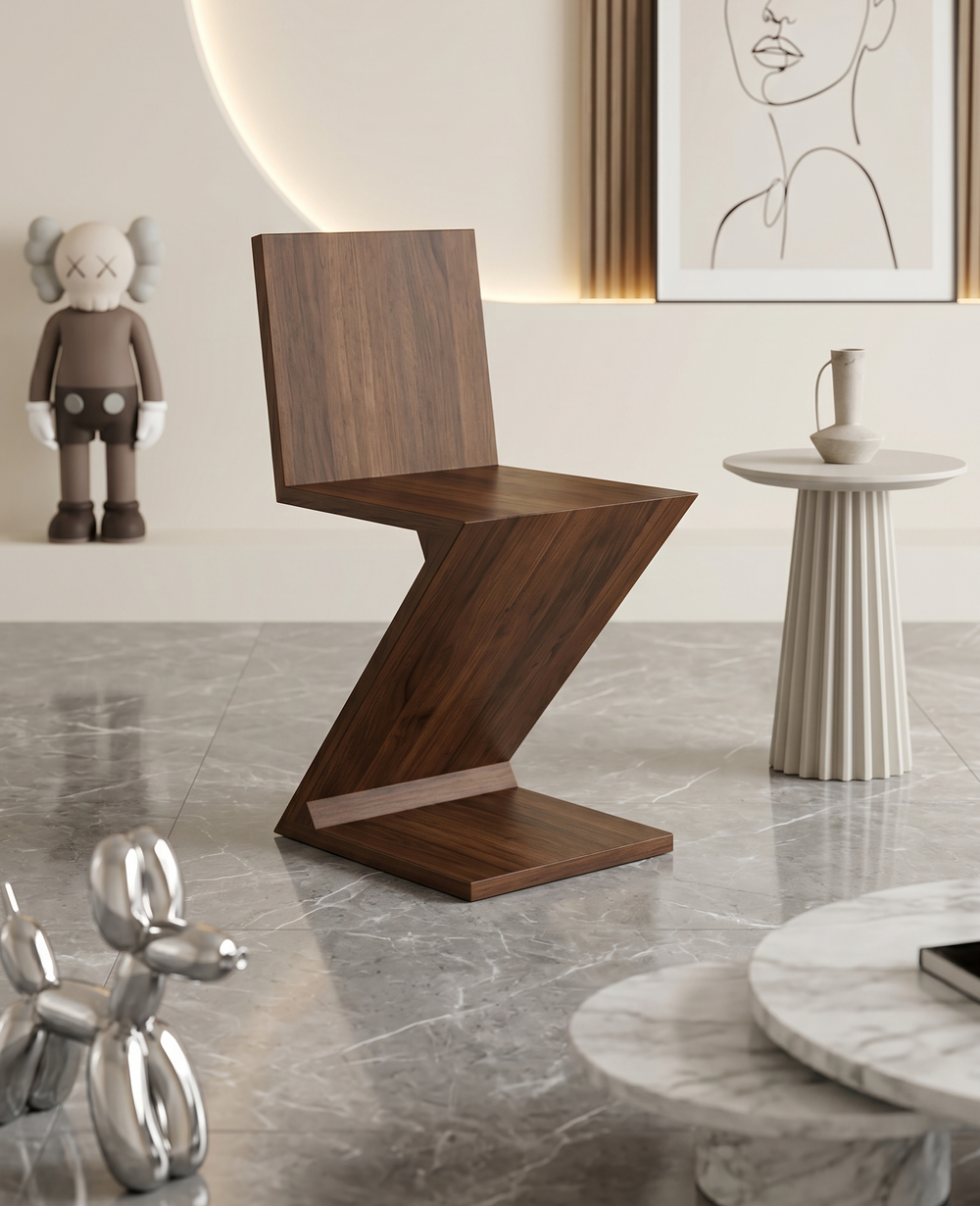 Mid-Century Modern Zig-Zag Chair – Solid Walnut Finish Geometric Dining Chair – Minimalist Avant-Garde Side Chair