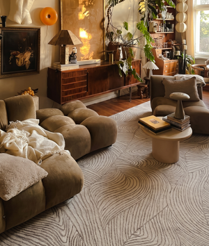 Modern Abstract Wavy Area Rug - 3m x 2m Large Textured Earth Tone Carpet for Living Room & Bedroom - Organic Minimalist Topographical Home Decor