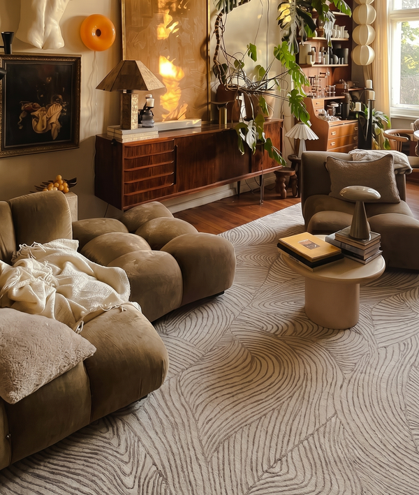 Modern Abstract Wavy Area Rug - 3m x 2m Large Textured Earth Tone Carpet for Living Room & Bedroom - Organic Minimalist Topographical Home Decor