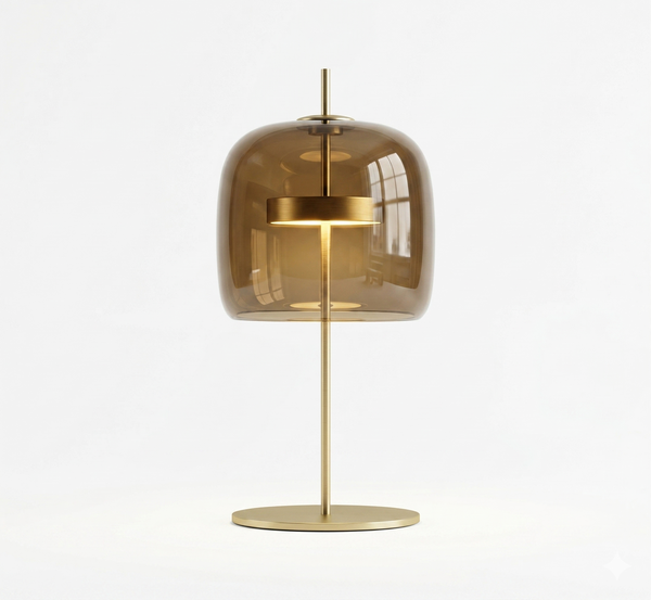 Modern Amber Glass Table Lamp with Gold Metal Base | Minimalist Smoky Tinted Bedside Light for Living Room
