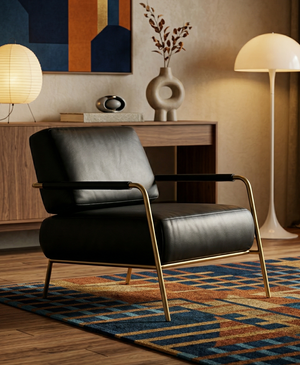 Modern Faux Leather Accent Chair with Gold Metal Frame - Industrial Mid-Century Lounge Armchair for Living Room & Office