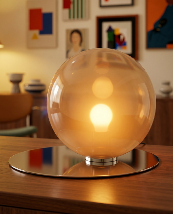 Modern Spherical Glass Table Lamp | Minimalist Tinted Globe Light with Reflective Chrome Base