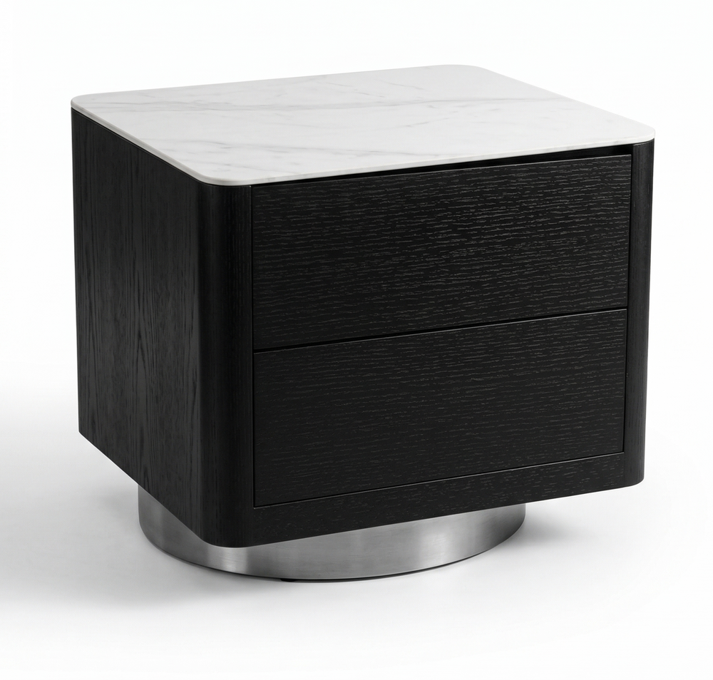 Modern Dark  2-Drawer Nightstand with Brushed Metal Swivel Base