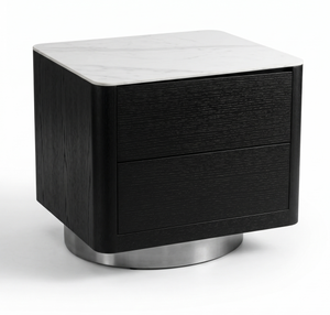 Modern Dark  2-Drawer Nightstand with Brushed Metal Swivel Base