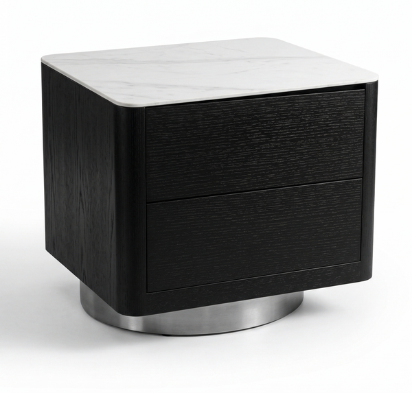 Modern Dark  2-Drawer Nightstand with Brushed Metal Swivel Base