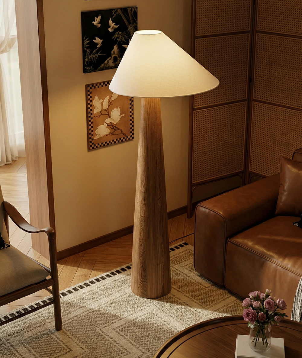 Modern Sculptural Solid Wood Floor Lamp with Asymmetrical White Shade